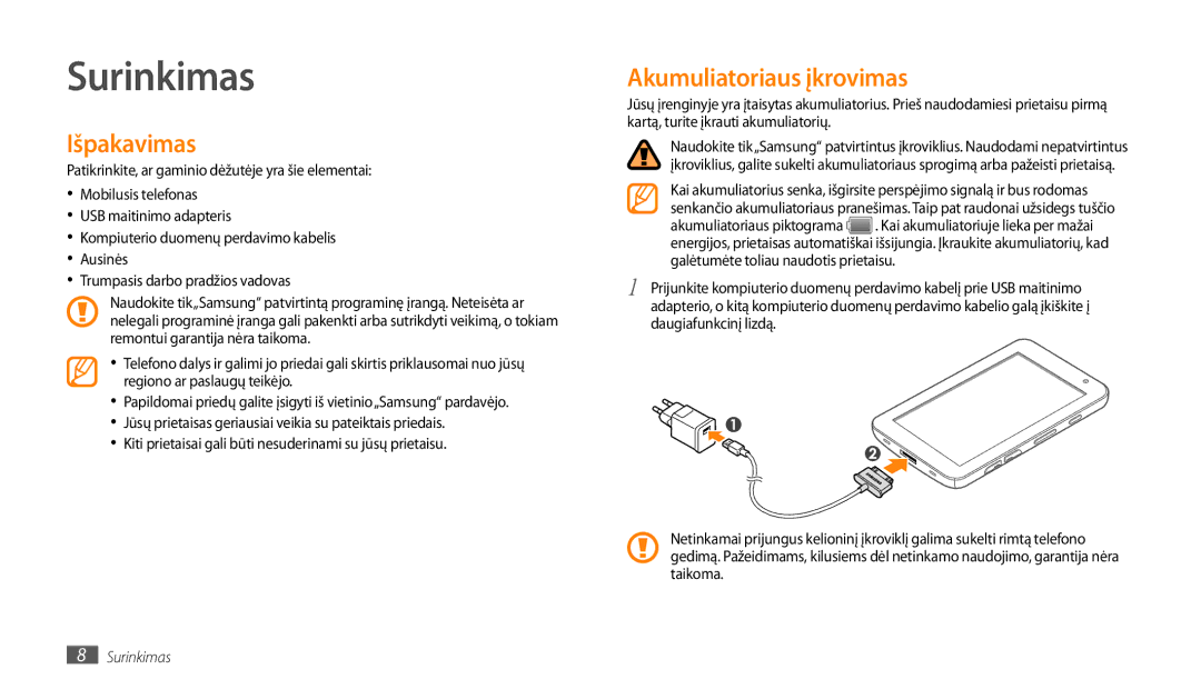 Samsung GT-P1000CWASEB, GT-P1000CWJSEB manual Surinkimas, Išpakavimas, Akumuliatoriaus įkrovimas 