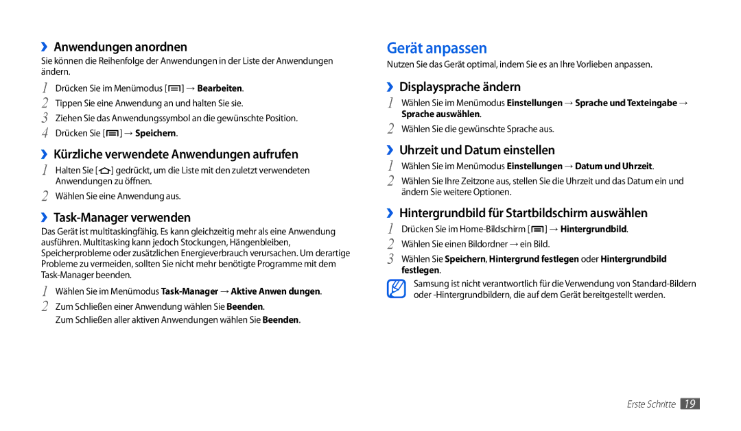 Samsung GT-P1000MSADBT, GT-P1000CWAVD2, GT-P1000CWDDBT, GT-P1000ZKDDBT, GT-P1000CWDVD2, GT-P1000CWAEPL manual Gerät anpassen 