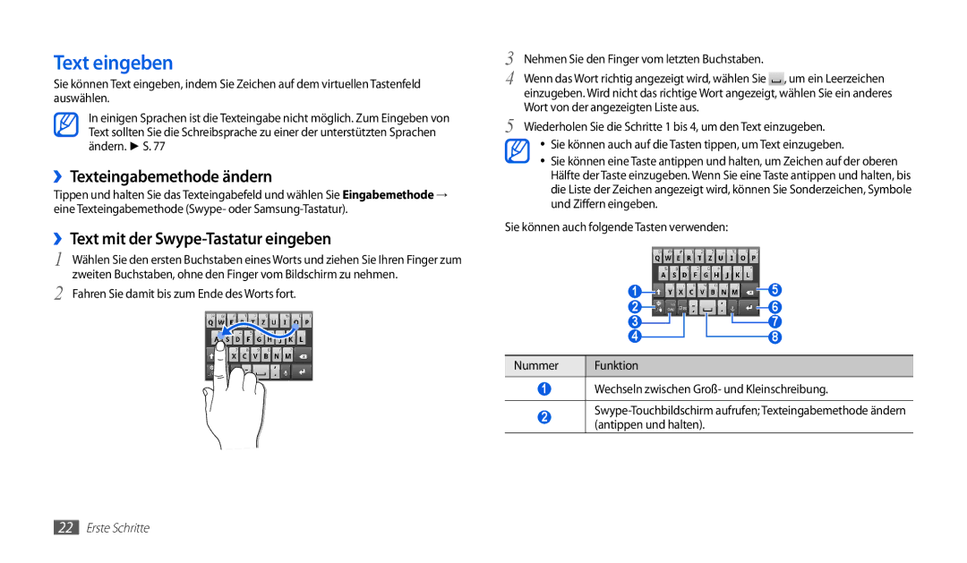 Samsung GT-P1000CWDDTM, GT-P1000CWAVD2 Text eingeben, ››Texteingabemethode ändern, ››Text mit der Swype-Tastatur eingeben 