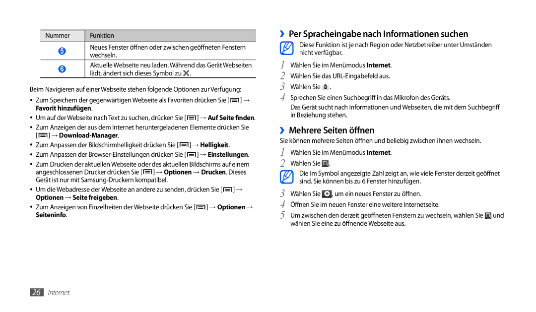 Samsung GT-P1000CWAATO, GT-P1000CWAVD2 manual ››Per Spracheingabe nach Informationen suchen, ››Mehrere Seiten öffnen 