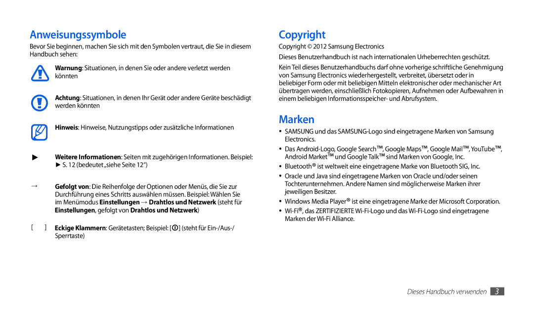 Samsung GT-P1000MSADBT, GT-P1000CWAVD2, GT-P1000CWDDBT, GT-P1000ZKDDBT manual Anweisungssymbole, Copyright, Marken, Sperrtaste 