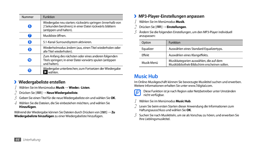 Samsung GT-P1000MSAVIA, GT-P1000CWAVD2 manual Music Hub, ››Wiedergabeliste erstellen, ››MP3-Player-Einstellungen anpassen 
