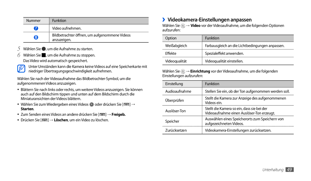 Samsung GT-P1000CWDDBT, GT-P1000CWAVD2, GT-P1000ZKDDBT, GT-P1000MSADBT manual ››Videokamera-Einstellungen anpassen, Starten 