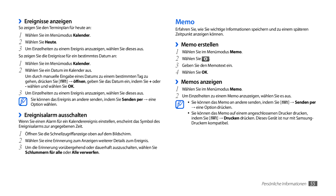 Samsung GT-P1000CWDVIA manual ››Ereignisse anzeigen, ››Ereignisalarm ausschalten, ››Memo erstellen, ››Memos anzeigen 