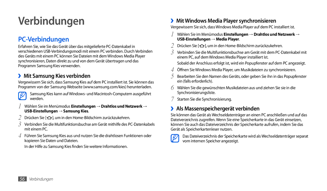 Samsung GT-P1000CWAMOB manual PC-Verbindungen, ››Mit Samsung Kies verbinden, ››Mit Windows Media Player synchronisieren 