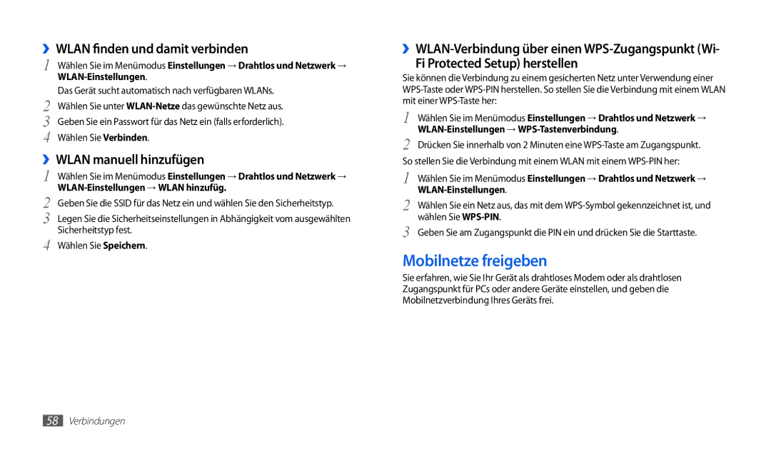 Samsung GT-P1000CWAATO, GT-P1000CWAVD2 Mobilnetze freigeben, ››WLAN finden und damit verbinden, ››WLAN manuell hinzufügen 