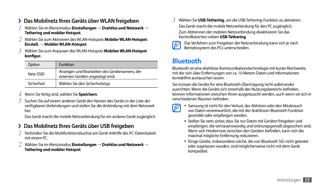 Samsung GT-P1000CWDEPL, GT-P1000CWAVD2, GT-P1000CWDDBT manual Bluetooth, ››Das Mobilnetz Ihres Geräts über Wlan freigeben 