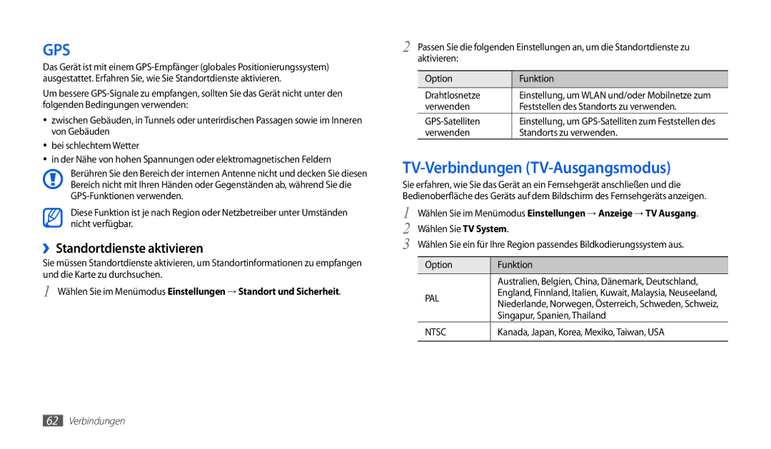 Samsung GT-P1000CWAVIA TV-Verbindungen TV-Ausgangsmodus, ››Standortdienste aktivieren, Verwenden Standorts zu verwenden 