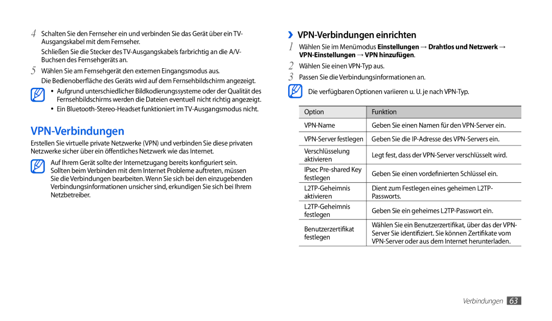 Samsung GT-P1000CWADTM, GT-P1000CWAVD2 manual ››VPN-Verbindungen einrichten, VPN-Einstellungen → VPN hinzufügen 