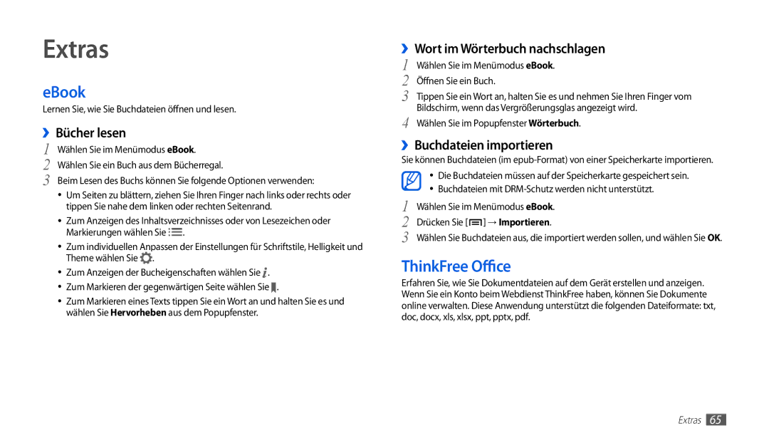 Samsung GT-P1000CWDDBT, GT-P1000CWAVD2, GT-P1000ZKDDBT, GT-P1000MSADBT, GT-P1000CWDVD2 manual Extras, EBook, ThinkFree Office 