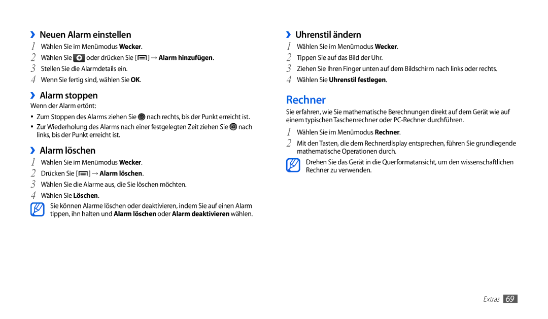 Samsung GT-P1000CWAEPL manual Rechner, ››Neuen Alarm einstellen, ››Alarm stoppen, ››Alarm löschen, ››Uhrenstil ändern 