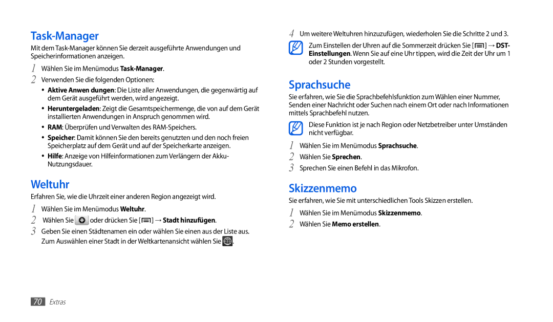 Samsung GT-P1000CWDDTM, GT-P1000CWAVD2 manual Task-Manager, Weltuhr, Sprachsuche, Skizzenmemo, Wählen Sie Memo erstellen 
