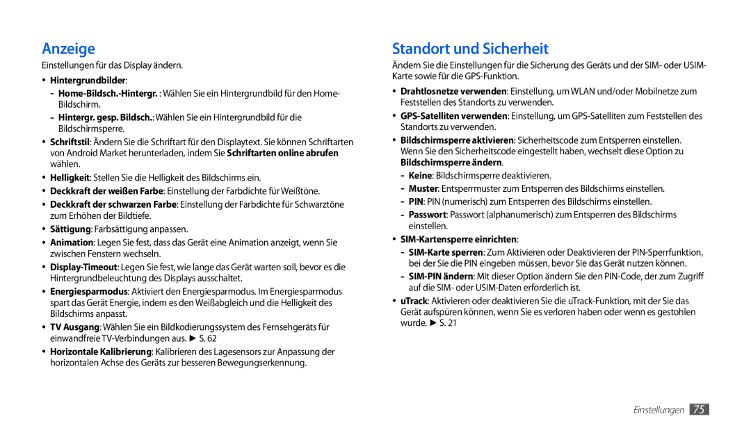 Samsung GT-P1000CWDEPL manual Anzeige, Standort und Sicherheit, Einstellungen für das Display ändern, Hintergrundbilder 