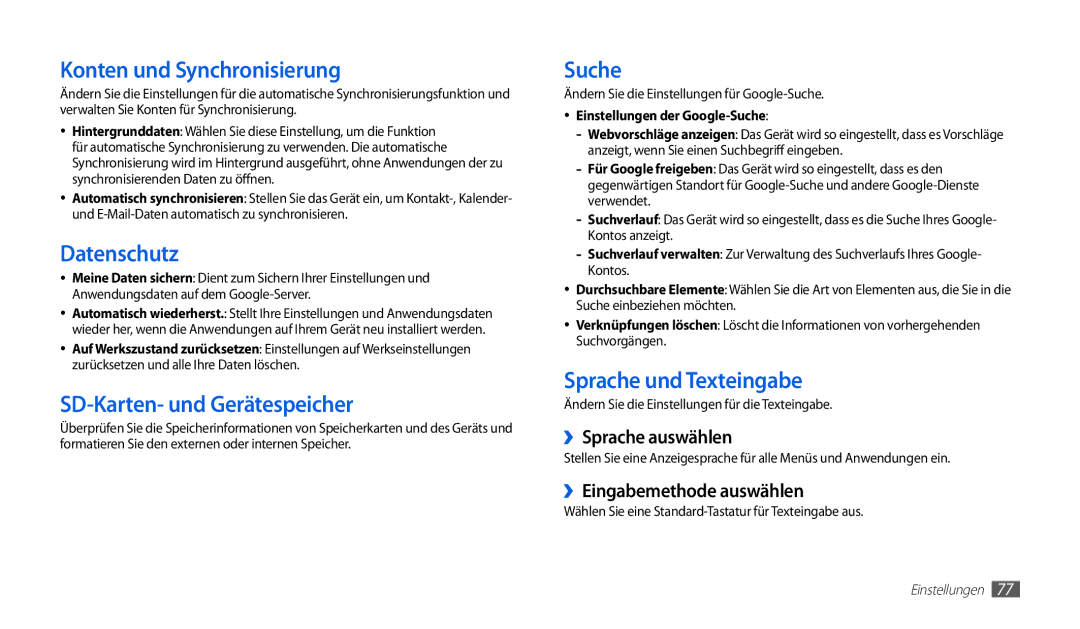 Samsung GT-P1000CWDATO Konten und Synchronisierung, Datenschutz, SD-Karten- und Gerätespeicher, Sprache und Texteingabe 