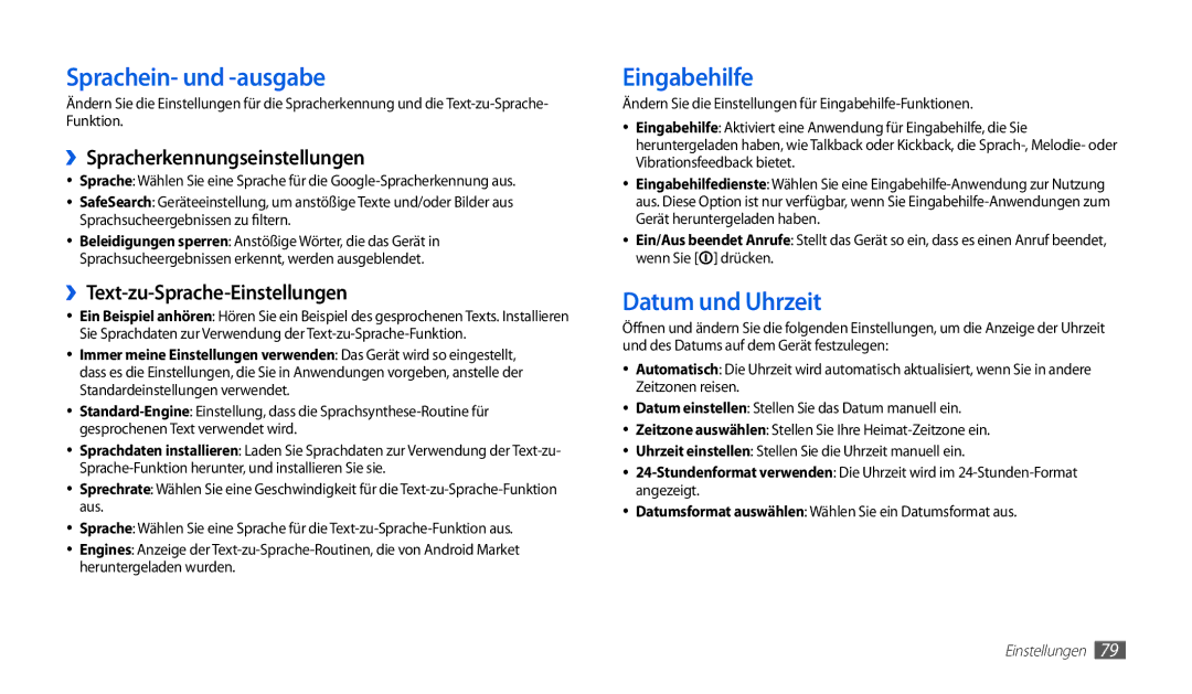 Samsung GT-P1000CWADTM manual Sprachein- und -ausgabe, Eingabehilfe, Datum und Uhrzeit, ››Spracherkennungseinstellungen 