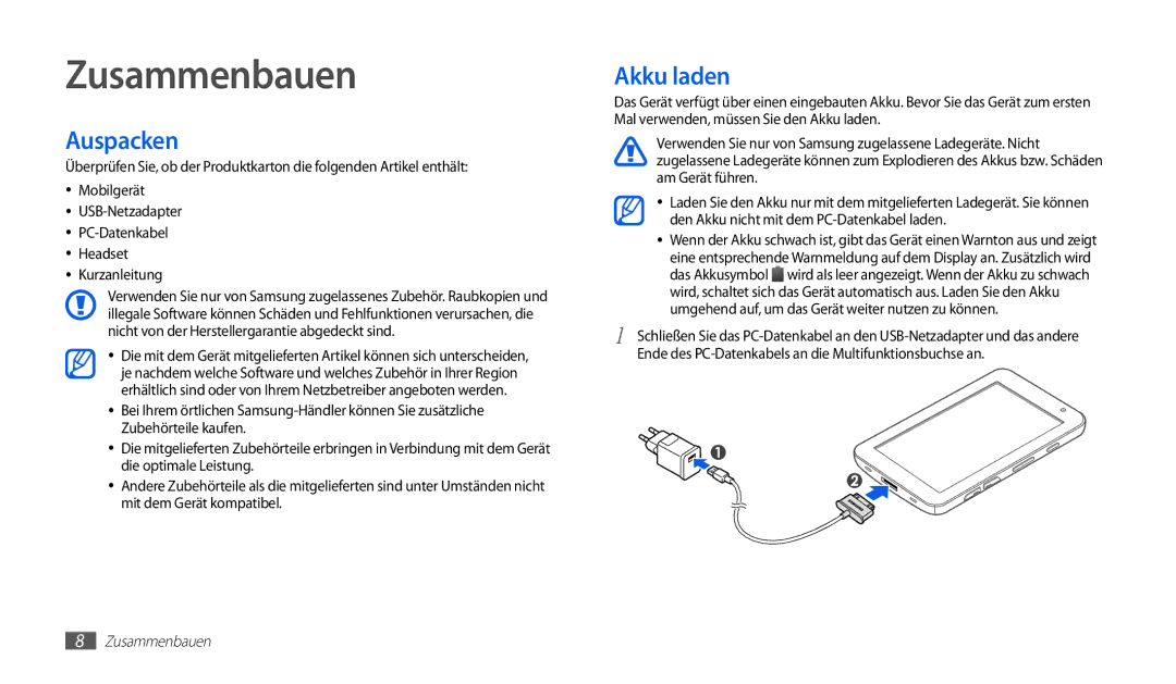 Samsung GT-P1000CWAMOB, GT-P1000CWAVD2, GT-P1000CWDDBT, GT-P1000ZKDDBT, GT-P1000MSADBT Zusammenbauen, Auspacken, Akku laden 