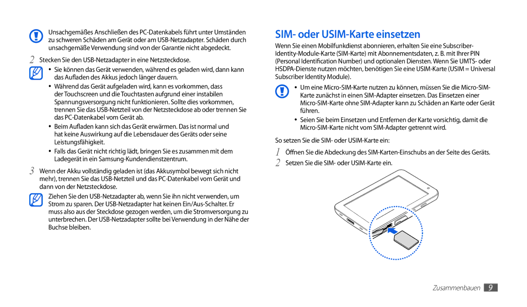 Samsung GT-P1000CWADBT, GT-P1000CWAVD2 manual SIM- oder USIM-Karte einsetzen, So setzen Sie die SIM- oder USIM-Karte ein 