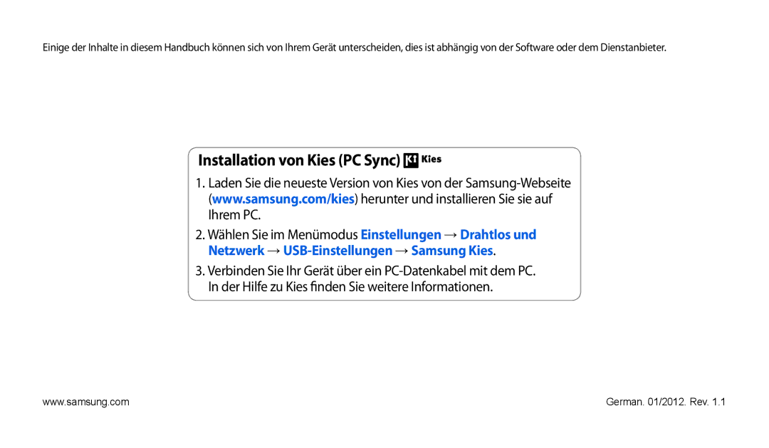 Samsung GT-P1000CWADTM, GT-P1000CWAVD2, GT-P1000CWDDBT, GT-P1000ZKDDBT, GT-P1000MSADBT manual Installation von Kies PC Sync 