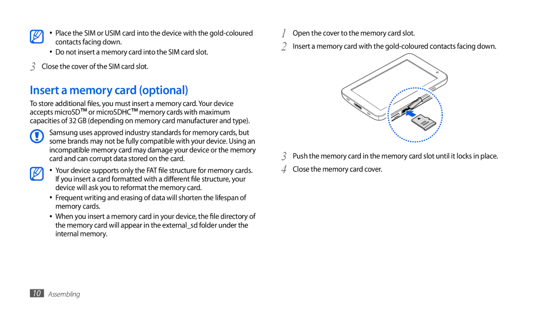 Samsung GT-P1000CWAATO, GT-P1000CWAVD2, GT-P1000CWDDBT, GT-P1000ZKDDBT, GT-P1000MSADBT manual Insert a memory card optional 