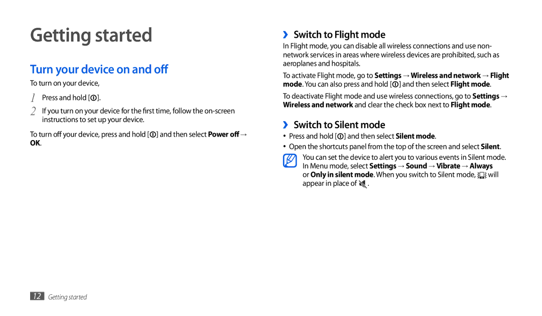 Samsung GT-P1000MSAVIA Getting started, Turn your device on and off, ›› Switch to Flight mode, ›› Switch to Silent mode 