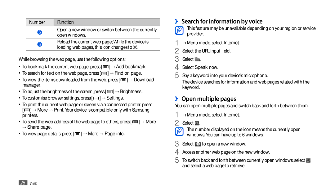 Samsung GT-P1000CWAATO manual ›› Search for information by voice, ›› Open multiple pages, → Share, Select Speak now 