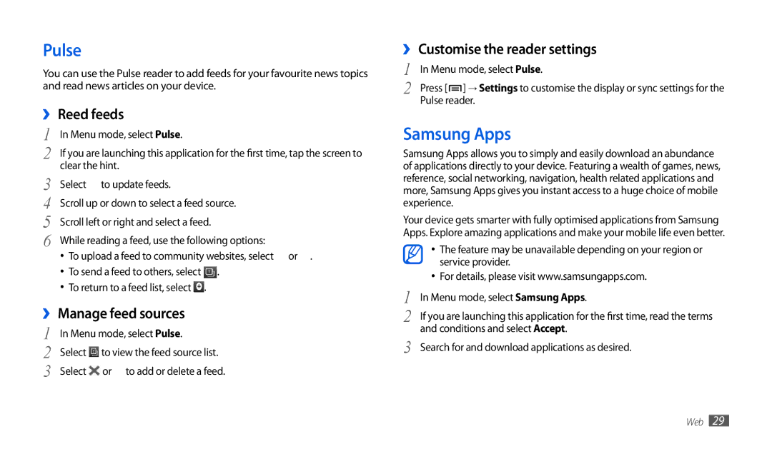 Samsung GT-P1000CWDATO manual Pulse, Samsung Apps, ›› Reed feeds, ›› Manage feed sources, ›› Customise the reader settings 