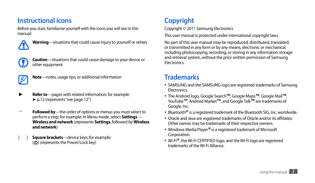 Samsung GT-P1000MSADBT, GT-P1000CWAVD2 manual Instructional icons, Trademarks, Copyright 2011 Samsung Electronics 