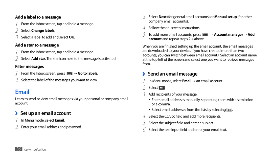 Samsung GT-P1000CWDVD2, GT-P1000CWAVD2, GT-P1000CWDDBT, GT-P1000ZKDDBT manual ›› Set up an email account, Select Change labels 