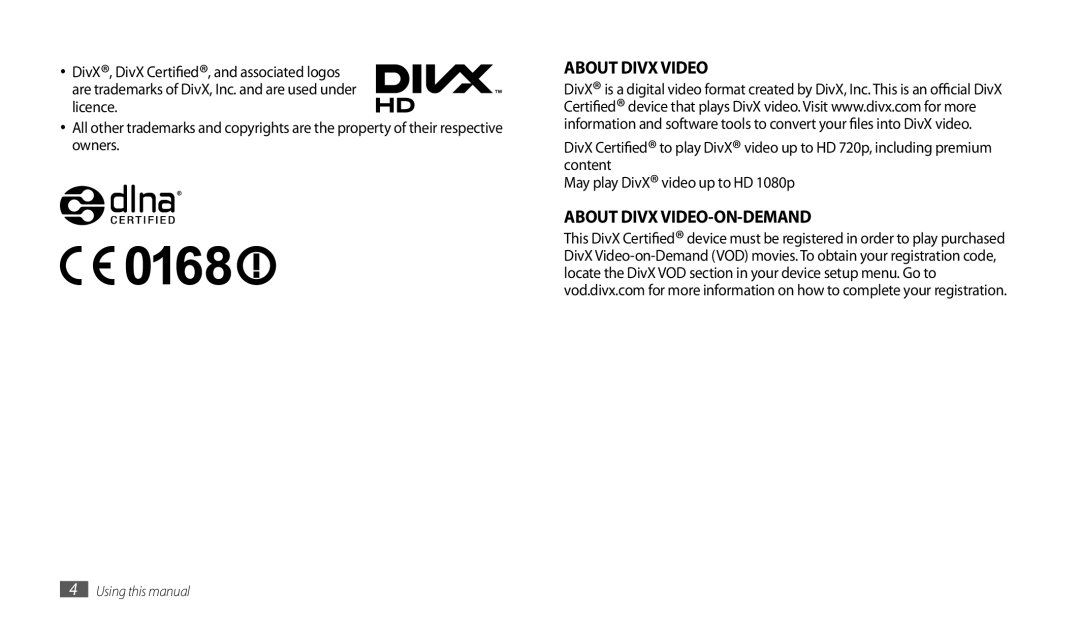 Samsung GT-P1000CWDVD2, GT-P1000CWAVD2, GT-P1000CWDDBT, GT-P1000ZKDDBT, GT-P1000MSADBT manual About Divx VIDEO-ON-DEMAND 