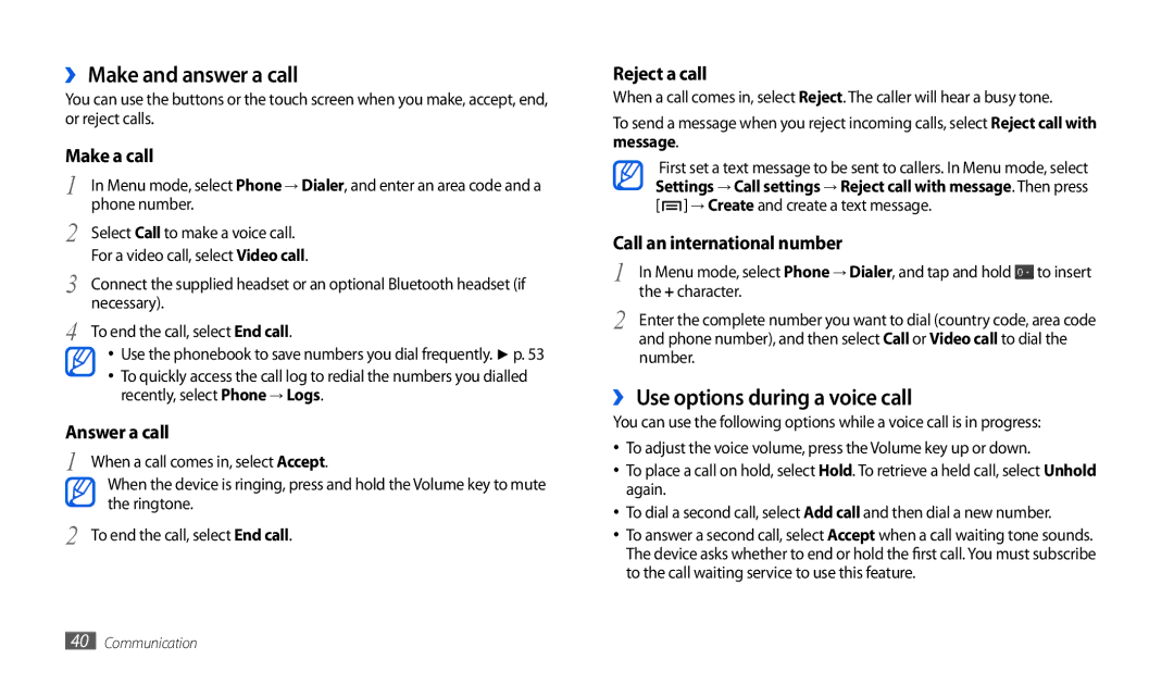 Samsung GT-P1000CWAMOB, GT-P1000CWAVD2, GT-P1000CWDDBT manual ›› Make and answer a call, ›› Use options during a voice call 