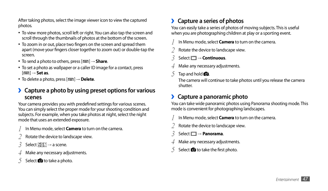 Samsung GT-P1000CWADTM manual Scenes, ›› Capture a series of photos, ›› Capture a panoramic photo, → Continuous, → Panorama 