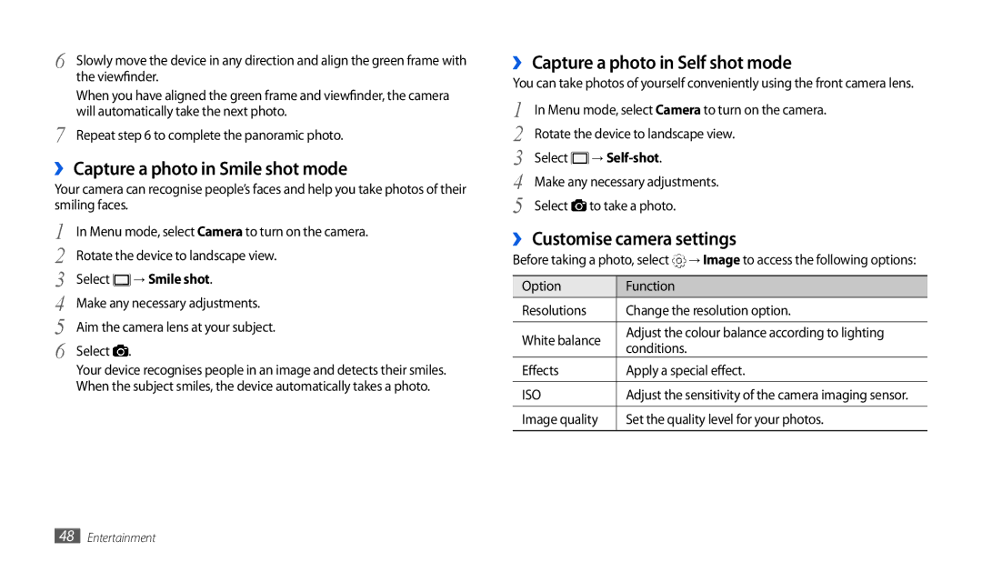 Samsung GT-P1000CWAVD2 manual ›› Capture a photo in Smile shot mode, ›› Capture a photo in Self shot mode, → Smile shot 