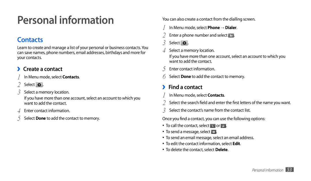 Samsung GT-P1000CWAEPL, GT-P1000CWAVD2 manual Personal information, Contacts, ›› Create a contact, ›› Find a contact 