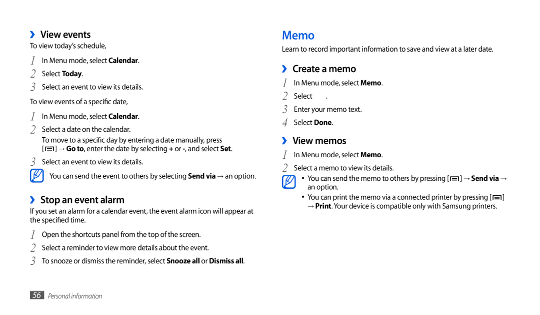 Samsung GT-P1000CWAMOB, GT-P1000CWAVD2 manual Memo, ›› View events, ›› Stop an event alarm, ›› Create a memo, ›› View memos 