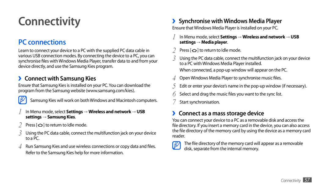 Samsung GT-P1000CWADBT Connectivity, PC connections, ›› Connect with Samsung Kies, ›› Connect as a mass storage device 