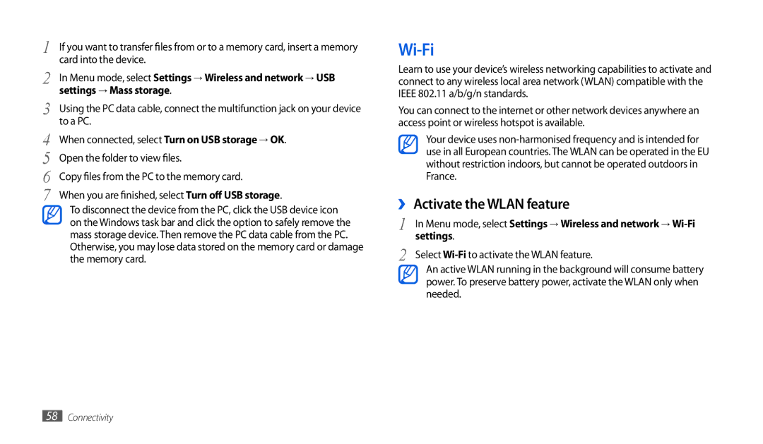 Samsung GT-P1000CWAATO, GT-P1000CWAVD2, GT-P1000CWDDBT manual Wi-Fi, ›› Activate the Wlan feature, Settings → Mass storage 