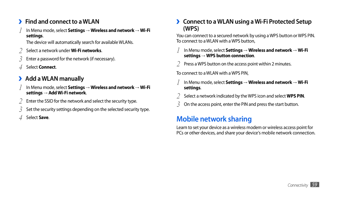 Samsung GT-P1000CWDEPL, GT-P1000CWAVD2 Mobile network sharing, ›› Find and connect to a Wlan, ›› Add a Wlan manually 