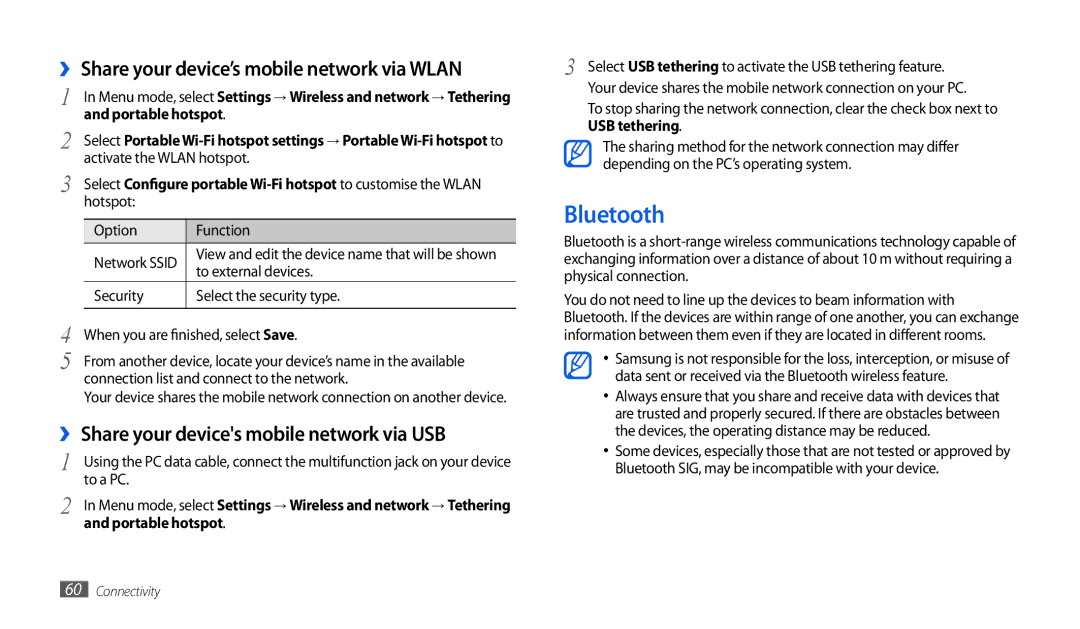 Samsung GT-P1000MSAVIA, GT-P1000CWAVD2, GT-P1000CWDDBT manual Bluetooth, ›› Share your device’s mobile network via Wlan 