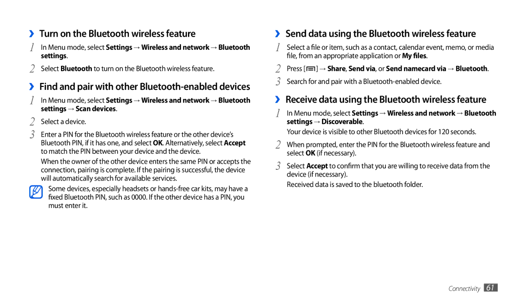 Samsung GT-P1000CWDATO manual ›› Turn on the Bluetooth wireless feature, ›› Send data using the Bluetooth wireless feature 