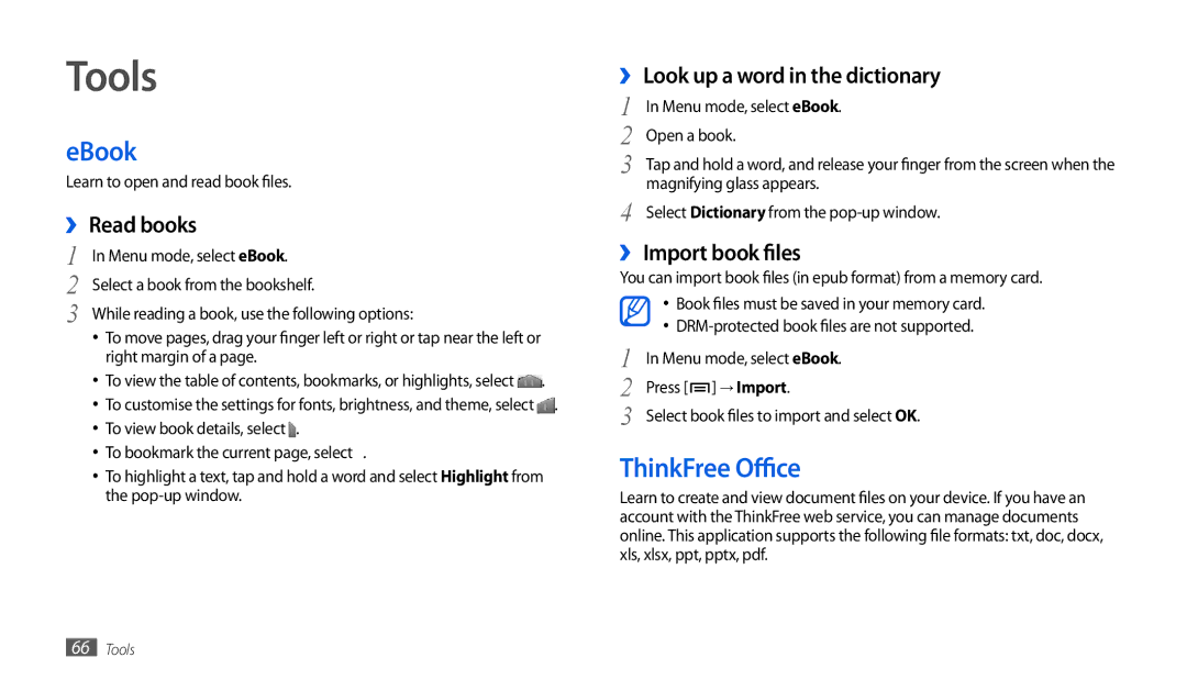 Samsung GT-P1000ZKDDBT, GT-P1000CWAVD2, GT-P1000CWDDBT, GT-P1000MSADBT, GT-P1000CWDVD2 manual Tools, EBook, ThinkFree Office 