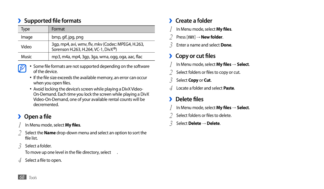 Samsung GT-P1000CWDVD2, GT-P1000CWAVD2 ›› Supported file formats, ›› Open a file, ›› Create a folder, ›› Copy or cut files 
