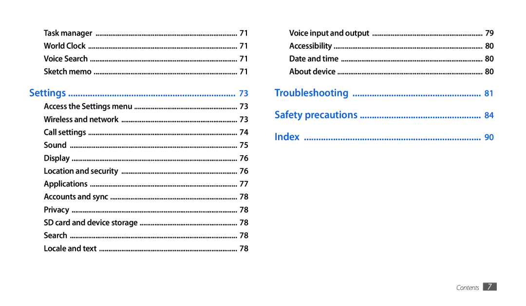 Samsung GT-P1000CWDVIA, GT-P1000CWAVD2, GT-P1000CWDDBT, GT-P1000ZKDDBT Settings, Troubleshooting Safety precautions Index 