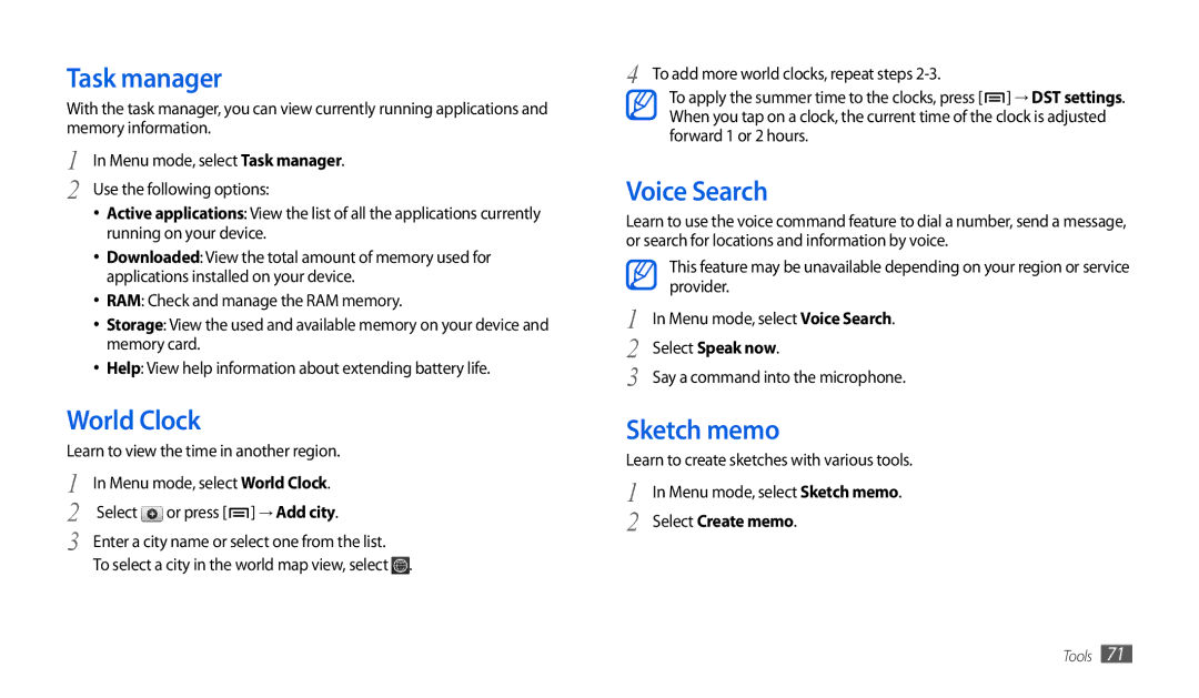 Samsung GT-P1000CWDVIA, GT-P1000CWAVD2 manual Task manager, World Clock, Voice Search, Sketch memo, Select Create memo 