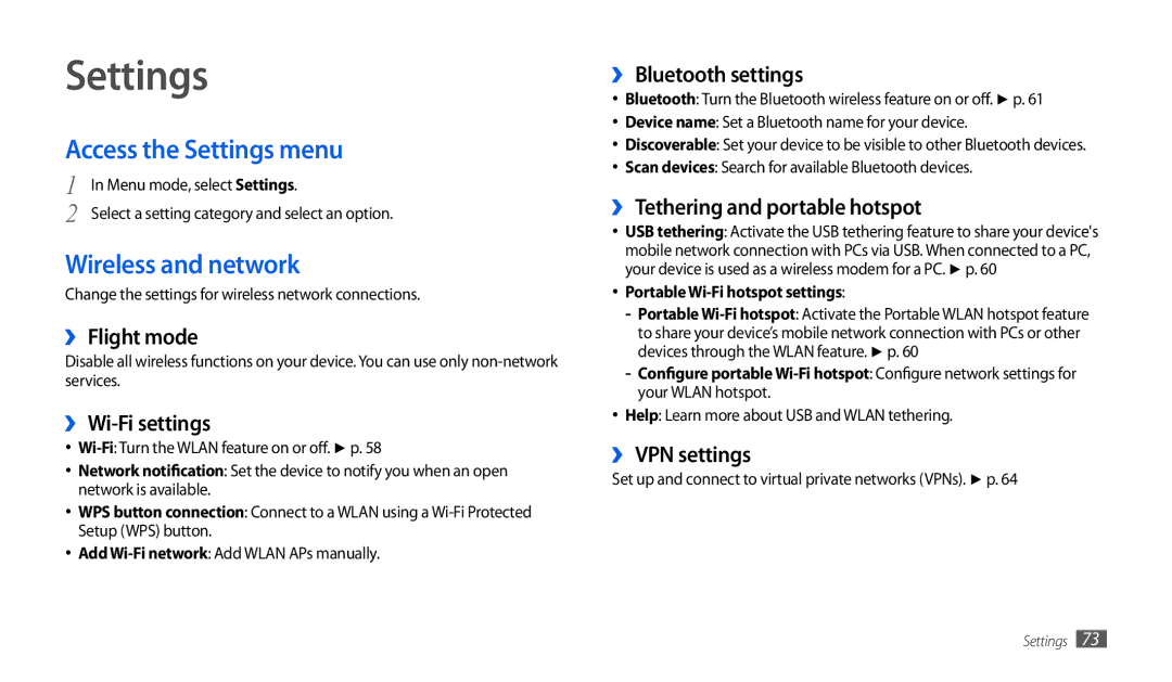 Samsung GT-P1000CWADBT, GT-P1000CWAVD2, GT-P1000CWDDBT, GT-P1000ZKDDBT Access the Settings menu, Wireless and network 