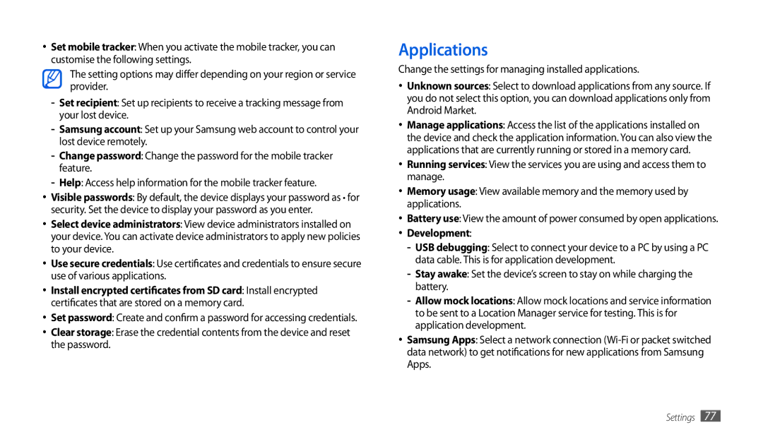 Samsung GT-P1000CWDATO, GT-P1000CWAVD2, GT-P1000CWDDBT, GT-P1000ZKDDBT, GT-P1000MSADBT manual Applications, Development 