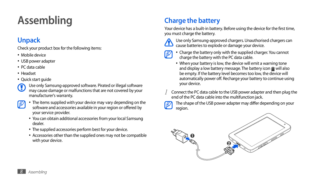 Samsung GT-P1000CWAMOB, GT-P1000CWAVD2, GT-P1000CWDDBT, GT-P1000ZKDDBT Assembling, Unpack, Charge the battery, Your device 