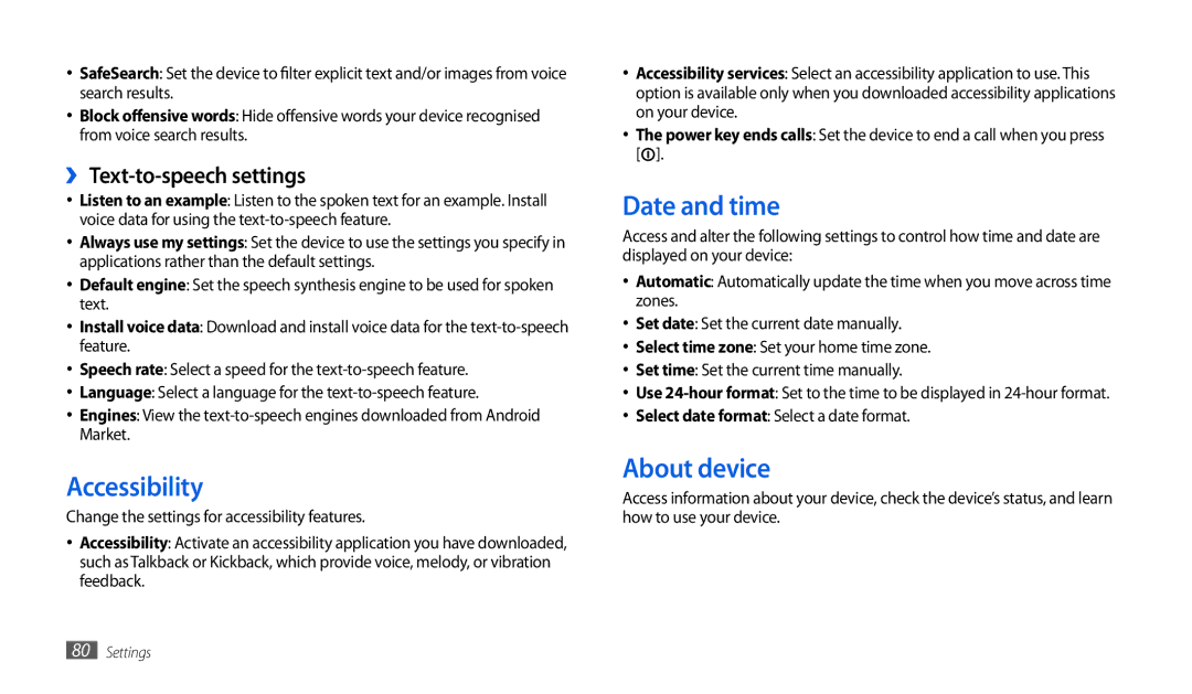 Samsung GT-P1000CWAVD2, GT-P1000CWDDBT manual Accessibility, Date and time, About device, ›› Text-to-speech settings 