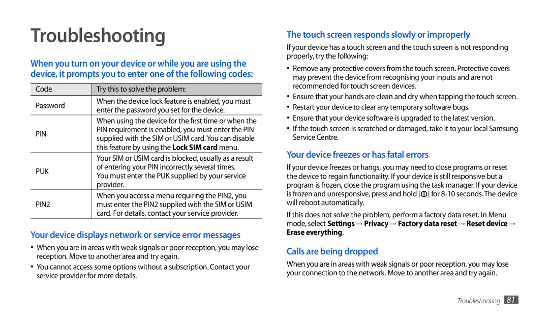 Samsung GT-P1000CWDDBT manual Troubleshooting, Touch screen responds slowly or improperly, Calls are being dropped 