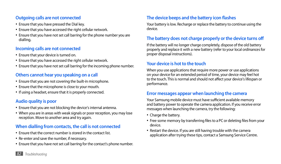 Samsung GT-P1000ZKDDBT manual Outgoing calls are not connected, Incoming calls are not connected, Audio quality is poor 