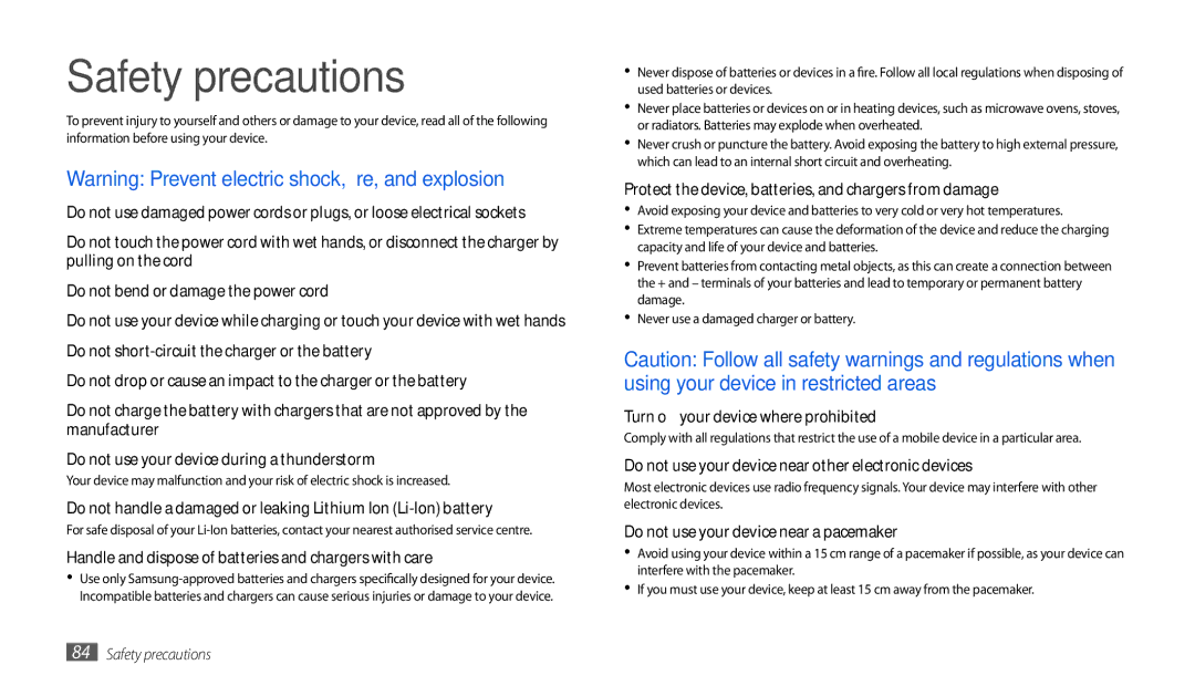 Samsung GT-P1000CWDVD2, GT-P1000CWAVD2 manual Safety precautions, Handle and dispose of batteries and chargers with care 